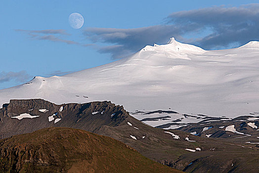 积雪,火山,冰河,满月,火山地貌,靠近,斯奈山半岛,西部,冰岛
