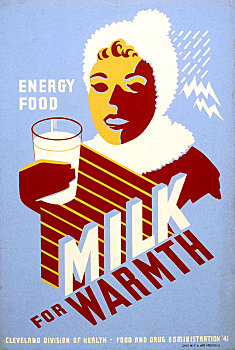 管理,海报,牛奶,女人,戴着,冬服,拿着,牛奶杯,克利夫兰,分开,健康,食物,药品,联邦,艺术