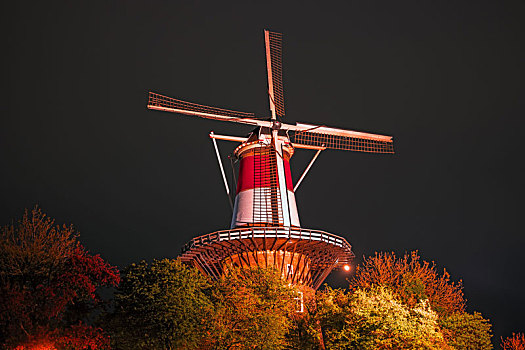 夜景,荷兰人,风车,莱顿,荷兰
