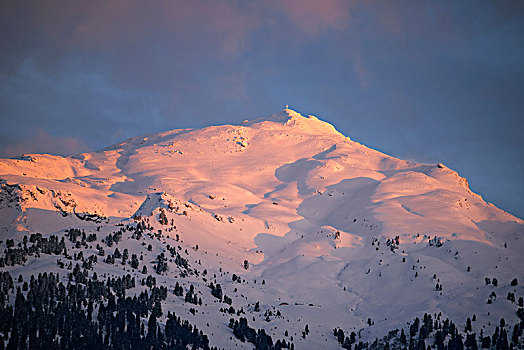 雪,山顶,落日,提洛尔,奥地利,欧洲
