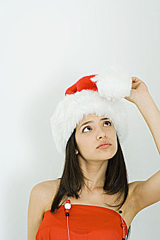 少女,穿,圣诞帽,仰视,绒球