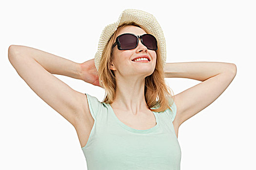 女人,戴着,夏天,帽子,微笑,白色背景