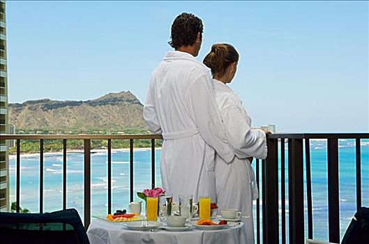 夏威夷,瓦胡岛,怀基基海滩,伴侣,享受,早餐,酒店,钻石海岬,背景