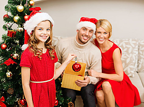 家庭,圣诞节,圣诞,高兴,人,概念,微笑,圣诞老人,帽子,装饰,圣诞树