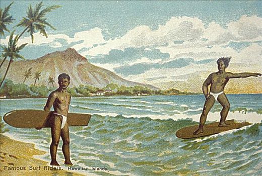 夏威夷,瓦胡岛,怀基基海滩,男人,冲浪板,骑,岸边,钻石海岬,背景,明信片