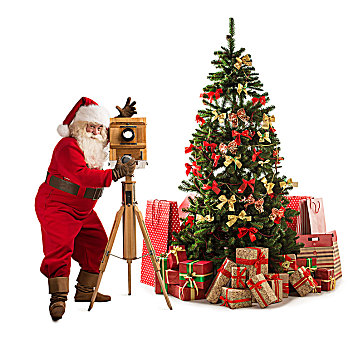 圣诞老人,照相,老,木质,摄影,站立,靠近,圣诞树,全身像,隔绝,白色背景,背景