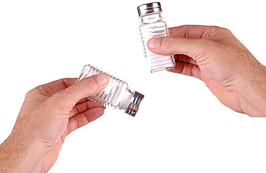 两只,手,拿着,盐瓶,隔绝,白色背景