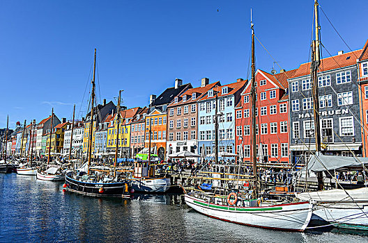 新港,17世纪,水岸,排,彩色,古建筑,散步场所,停泊,帆船,哥本哈根,丹麦