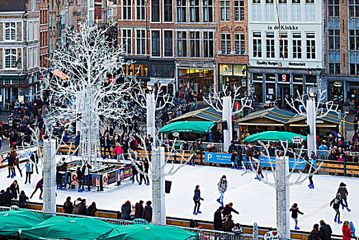 比利时,布鲁日,市场,俯视图,冬天,滑冰场