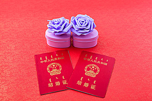 结婚证和紫色玫瑰花礼盒