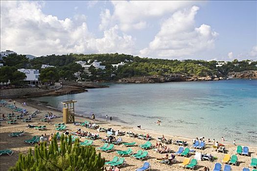 海滩,靠近,折叠躺椅,伊比沙岛,巴利阿里群岛,西班牙