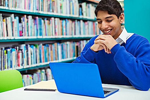 头像,学生,微笑,看,笔记本电脑,图书馆