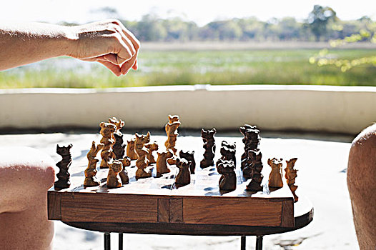 局部,女人,男人,玩,下棋,狩猎小屋,国家公园,赞比亚