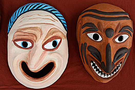 两个,古怪,脸,罗马,剧院,面具,粘土,涂绘,复制品