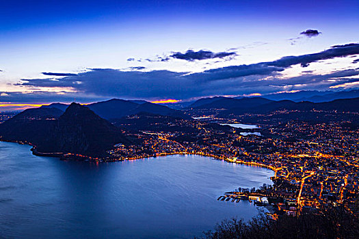 俯拍,湖,卢加诺,黄昏,瑞士