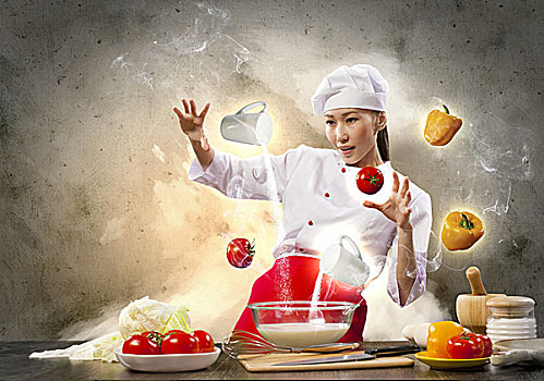 亚洲女性,烹调,魔幻,彩色背景