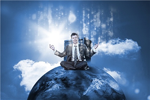商务人士,坐,世界之巅,数据,服务器,蓝色背景,天空,背景