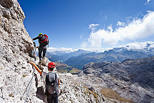 攀登者,固定,绳索,路线,白云岩,山,背影,省,意大利,欧洲