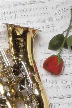 玫瑰,萨克斯管,乐谱,喜爱,爵士乐