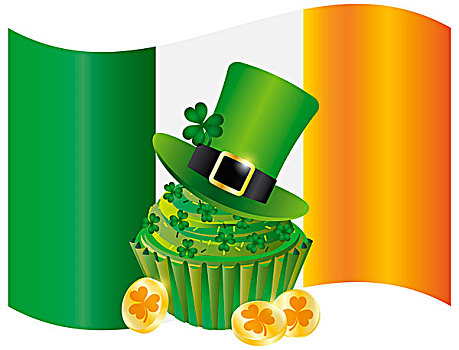 爱尔兰,旗帜,帽子,杯形蛋糕,硬币,三叶草