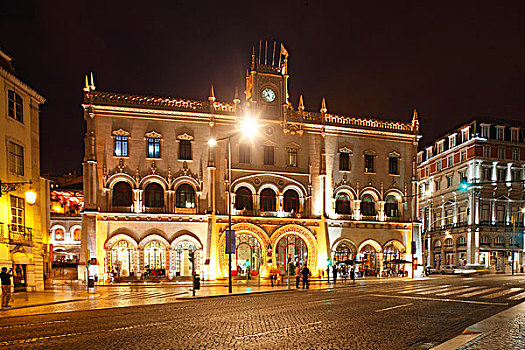 罗西奥,火车站,夜晚,里斯本,葡萄牙,欧洲