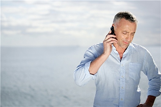 男人,背影,海洋,通话,手机