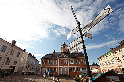 芬兰,南方,东方,市场,广场,老市政厅,中世纪,木屋,标识,方向