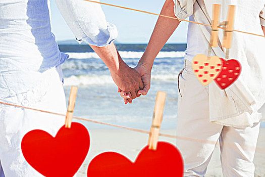 情侣,海滩,握手