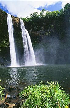 夏威夷,考艾岛,威陆亚,州立公园,三个,瀑布,空,相同,水池