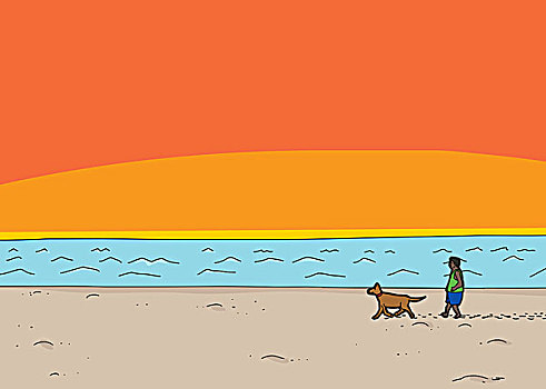 遛狗,海滩,日落