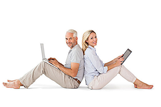 幸福伴侣,坐,使用笔记本,平板电脑