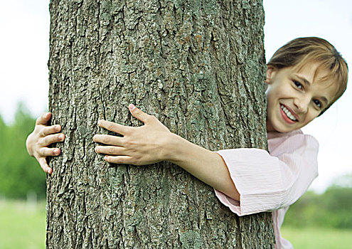 女孩,搂抱,树,微笑