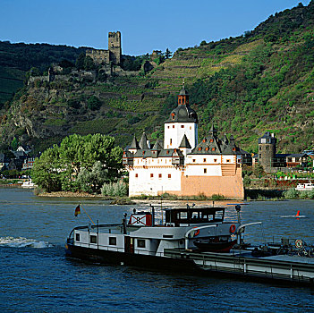 驳船,莱茵河,河,法尔茨,城堡,剪影,莱茵河谷,德国