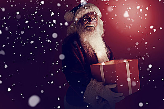 合成效果,图像,圣诞老人,拿着,礼物,雪