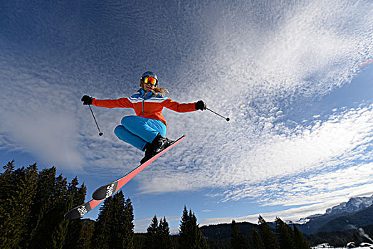 美女,自由式,滑雪,跳跃,半空,蓝天
