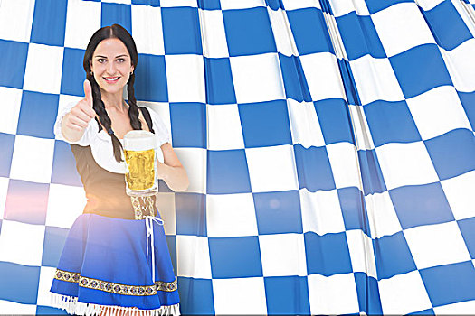 合成效果,图像,漂亮,女孩,拿着,啤酒,大酒杯,蓝色,白色,旗帜