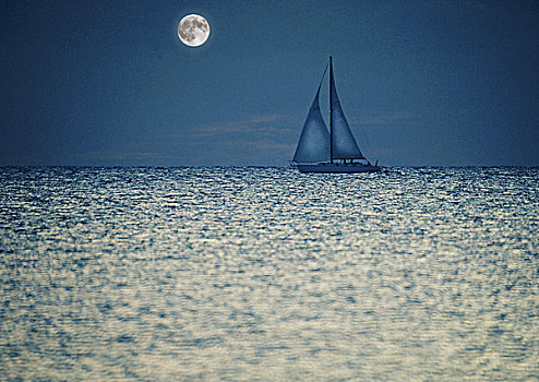 两个,桅杆,帆船,光泽,海洋,夜晚,月亮,背景