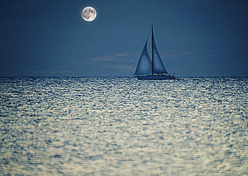 两个,桅杆,帆船,光泽,海洋,夜晚,月亮,背景
