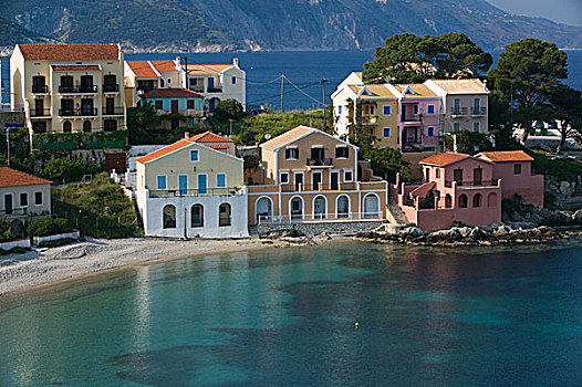希腊,爱奥尼亚群岛,凯法利尼亚岛,阿索斯,水岸,胜地,房子