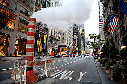 黃昏,暂时,烟囱,蒸汽,街道,黄色,出租车,第5大道,市中心,曼哈顿,纽约,美国,北美