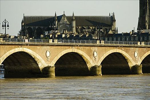 拱桥,上方,河,大教堂,加仑河,波尔多,阿基坦,法国