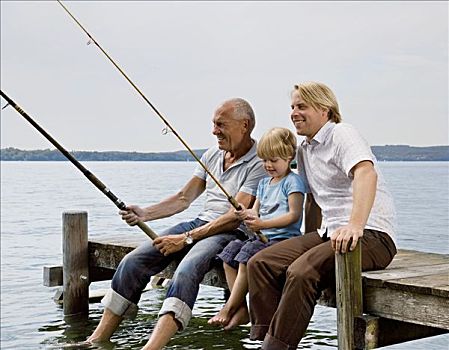 男孩,钓鱼,爷爷,父亲