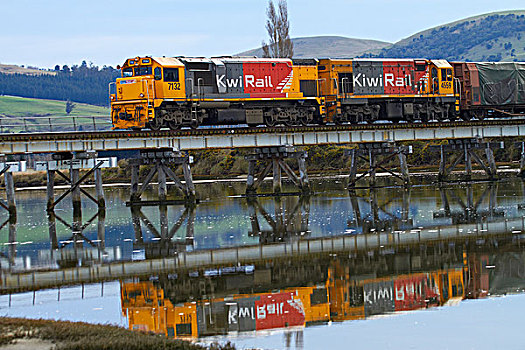 货运列车,反射,河,奥塔哥,南岛,新西兰