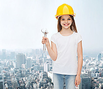 孩子,建筑,人,概念,微笑,小女孩,防护,头盔,扳手