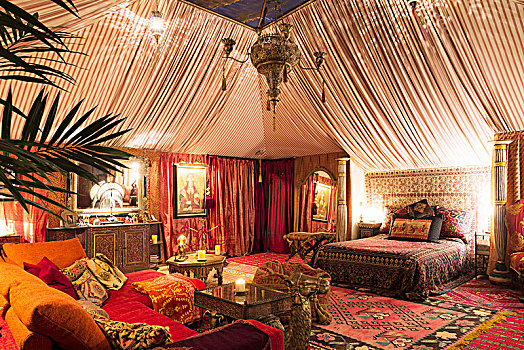 帐蓬,风格,卧室,摩洛哥,地毯,东方,布,边桌