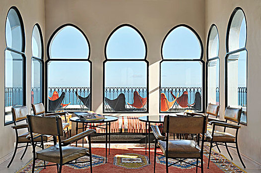 桌子,椅子,正面,拱形,窗户,大厅,蝴蝶,平台,海景