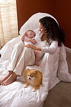 年轻,女人,肖像,拿着,3个月大,婴儿,博美狗,狗,坐,毯子