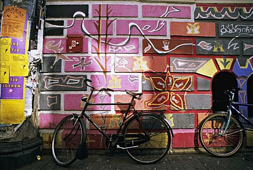 荷兰,阿姆斯特丹,自行车停放,正面,墙壁彩绘
