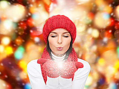 高兴,寒假,圣诞节,人,概念,微笑,少妇,红色,帽子,围巾,连指手套,上方,背景