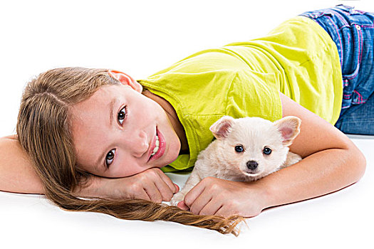 小狗,狗,儿童,女孩,高兴,一起,放松,躺着,白色背景